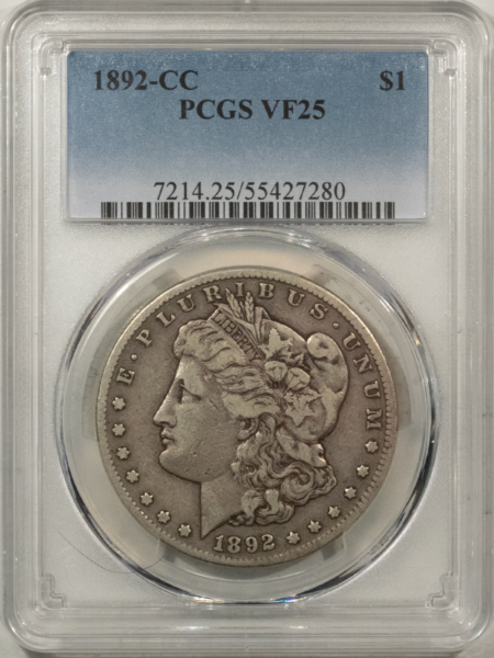 Morgan Dollars 1892-CC $1 MORGAN DOLLAR – PCGS VF-25, PERFECT ORIGINAL CARSON CITY!