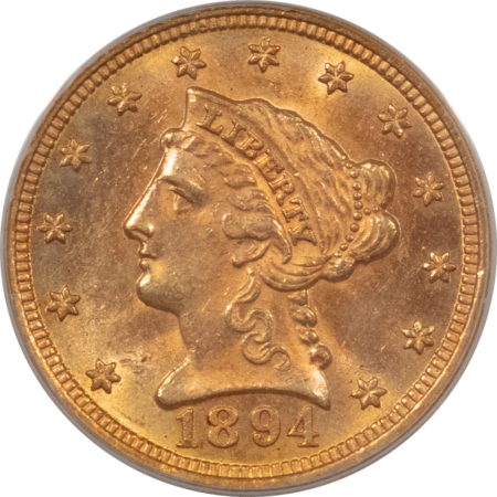 $2.50 1894 $2.50 LIBERTY GOLD QUARTER EAGLE – PCGS MS-61, OGH & PRETTY, 4,000 MINTAGE!