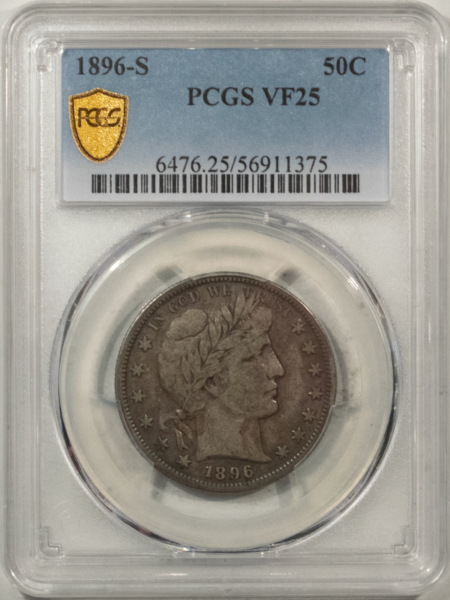Barber Halves 1896-S BARBER HALF DOLLAR – PCGS VF-25, ORIGINAL KEY DATE!
