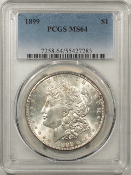 Morgan Dollars 1899 $1 MORGAN DOLLAR – PCGS MS-64, FLASHY WHITE, LOW MINTAGE!