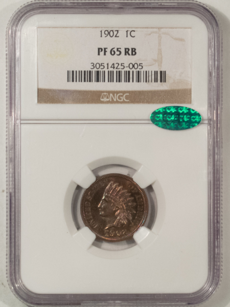 CAC Approved Coins 1902 PROOF INDIAN CENT – NGC PF-65 RB, GORGEOUS MONSTER COLOR, CAC APPROVED!
