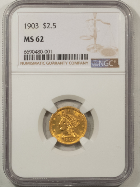$2.50 1903 $2.50 LIBERTY GOLD, NGC MS-62, REALLY CHOICE LOOK W/ BOOMING LUSTER!