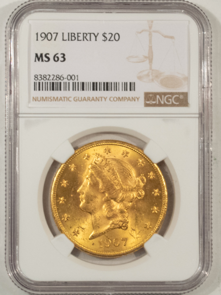 $20 1907 $20 LIBERTY GOLD DOUBLE EAGLE – NGC MS-63, FLASHY, CHOICE! LAST YEAR!