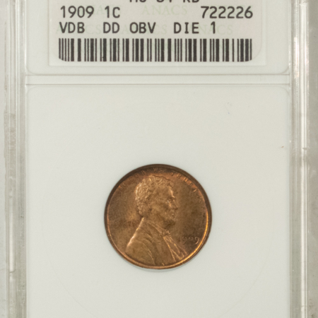 Lincoln Cents (Wheat) 1909-VDB LINCOLN CENT DOUBLE DIE OBVERSE DIE 1 – ANACS MS-64 RB, STRONG DOUBLING