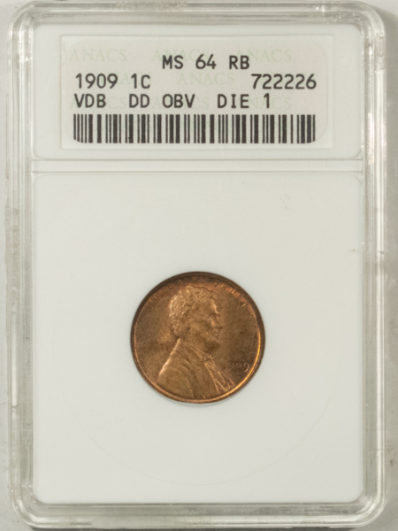 Lincoln Cents (Wheat) 1909-VDB LINCOLN CENT DOUBLE DIE OBVERSE DIE 1 – ANACS MS-64 RB, STRONG DOUBLING