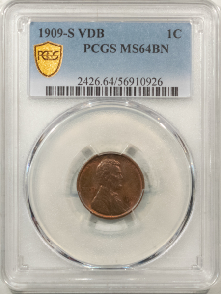 Lincoln Cents (Wheat) 1909-S VDB LINCOLN CENT – PCGS MS-64 BN, PRETTY, KEY-DATE!