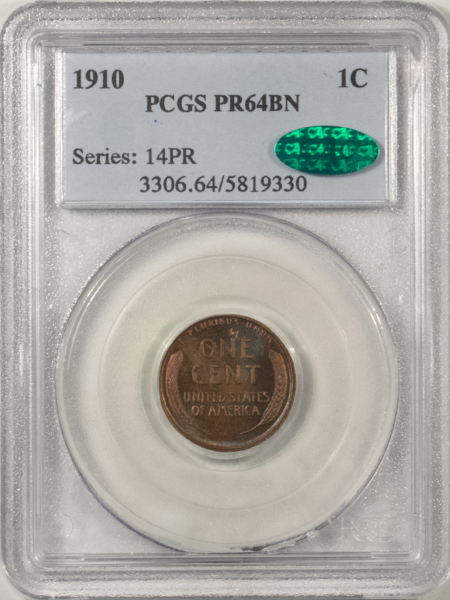 CAC Approved Coins 1910 PROOF LINCOLN CENT – PCGS PR-64 BN LOOKS PR65 PREMIUM QUALITY CAC APPROVED!