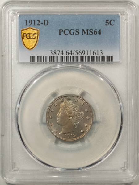 Liberty Nickels 1912-D LIBERTY NICKEL – PCGS MS-64, REALLY PRETTY, TOUGH DATE!