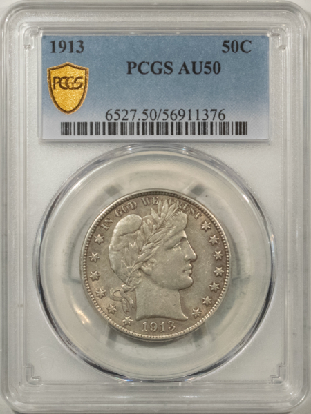 Barber Halves 1913 BARBER HALF DOLLAR – PCGS AU-50, KEY-DATE!