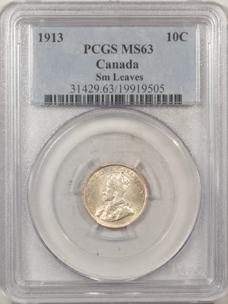 New Certified Coins CANADA 1913 10c, KM-23, SMALL LEAVES – PCGS MS-63, FRESH & FLASHY!