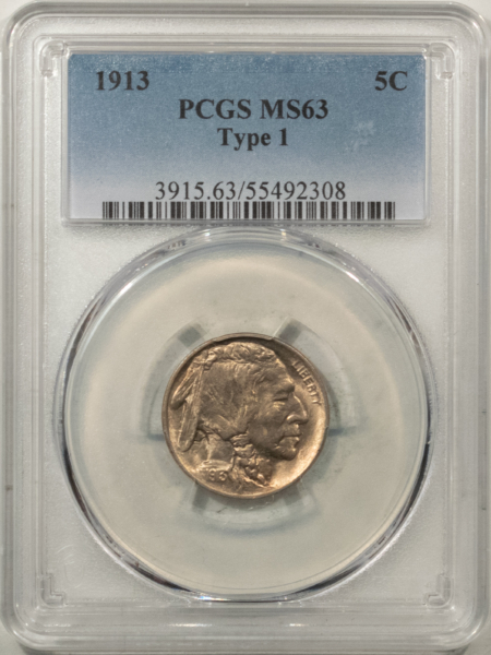 Buffalo Nickels 1913 BUFFALO NICKEL, TYPE 1 – PCGS MS-63, CHOICE!