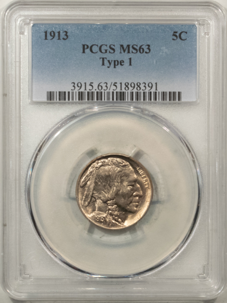Buffalo Nickels 1913 BUFFALO NICKEL, TY 1 – PCGS MS-63, BLAZING LUSTER!