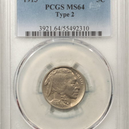Buffalo Nickels 1913 BUFFALO NICKEL, TYPE 2 – PCGS MS-64, NICE ORIGINAL!