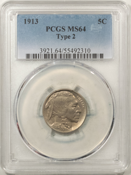Buffalo Nickels 1913 BUFFALO NICKEL, TYPE 2 – PCGS MS-64, NICE ORIGINAL!