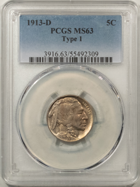 Buffalo Nickels 1913-D BUFFALO NICKEL, TY 1 – PCGS MS-63, CHOICE & ORIGINAL!