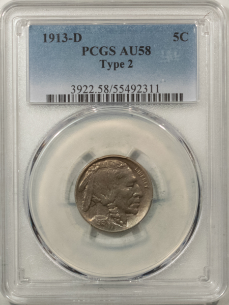 Buffalo Nickels 1913-D BUFFALO NICKEL, TYPE 2 – PCGS AU-58, NICE ORIGINAL!