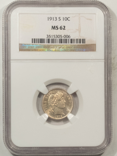Barber Dimes 1913-S BARBER DIME – NGC MS-62, FLASHY & LOOKS BETTER! TOUGH!