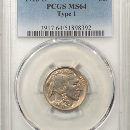 Buffalo Nickels 1913-S BUFFALO NICKEL, TY 1 – PCGS MS-64, FRESH AND PREMIUM QUALITY!