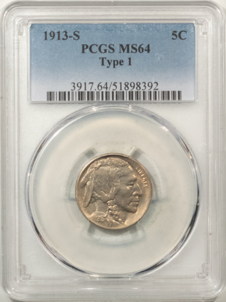 Buffalo Nickels 1913-S BUFFALO NICKEL, TY 1 – PCGS MS-64, FRESH AND PREMIUM QUALITY!