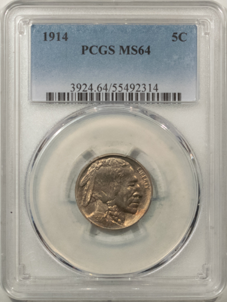 Buffalo Nickels 1914 BUFFALO NICKEL – PCGS MS-64, NICE ORIGINAL!