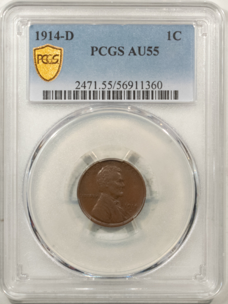 Lincoln Cents (Wheat) 1914-D LINCOLN CENT – PCGS AU-55, CHOCOLATE BROWN KEY-DATE!