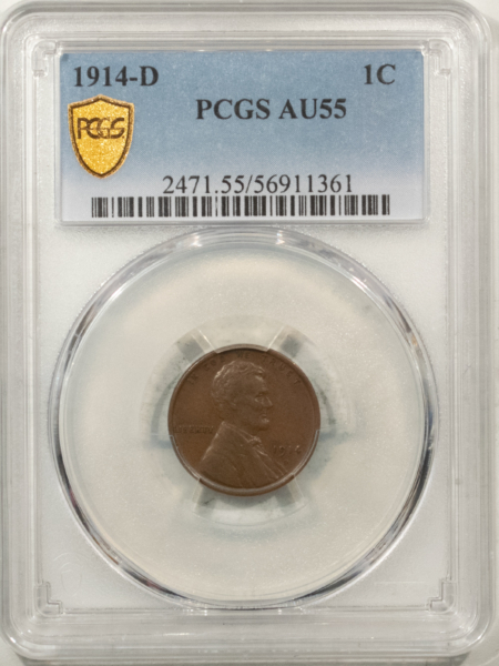 Lincoln Cents (Wheat) 1914-D LINCOLN CENT – PCGS AU-55, SMOOTH BROWN & LOOKS BETTER, KEY-DATE!