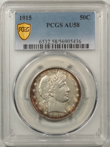 Barber Halves 1915 BARBER HALF DOLLAR – PCGS AU-58, TOUGH, KEY-DATE!