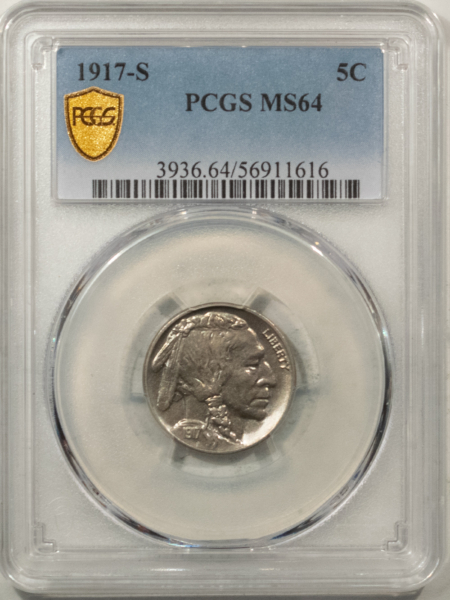 Buffalo Nickels 1917-S BUFFALO NICKEL – PCGS MS-64 LUSTROUS & SEMI PL, REALLY NICE!