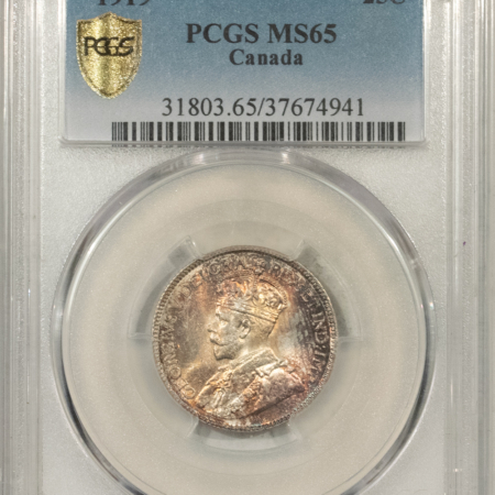 New Certified Coins CANADA 1919 GEORGE V 25c, PCGS MS-65, ORIGINAL GEM, GORGEOUS LUSTER & TONING-PQ!
