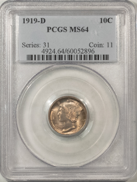 Mercury Dimes 1919-D MERCURY DIME – PCGS MS-64, PREMIUM QUALITY & ORIGINAL! TOUGH COIN!