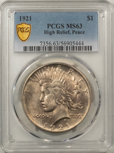 Peace Dollars 1921 $1 PEACE DOLLAR, HIGH RELIEF – PCGS MS-63, CHOICE! KEY-DATE!