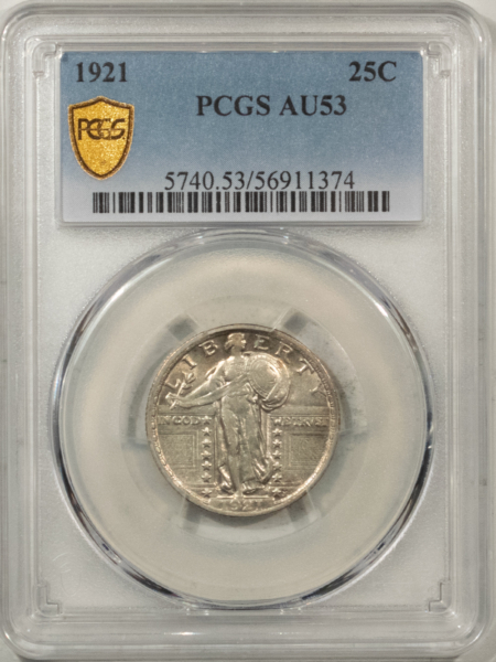 New Certified Coins 1921 STANDING LIBERTY QUARTER – PCGS AU-53, ORIGINAL LUSTER, KEY DATE!