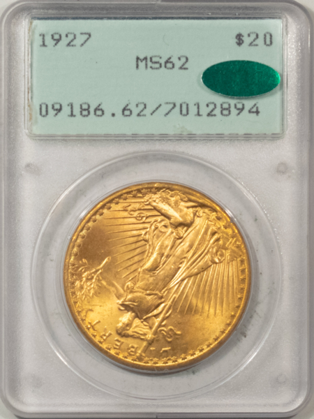 $20 1927 $20 ST GAUDENS GOLD DOUBLE EAGLE – PCGS MS-62 RATTLER PREMIUM QUALITY, CAC!