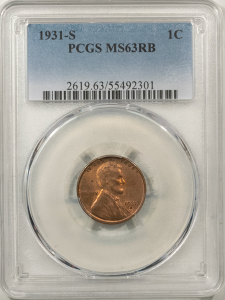Lincoln Cents (Wheat) 1931-S LINCOLN CENT – PCGS MS-63 RB, CHOICE AND FRESH! KEY-DATE!