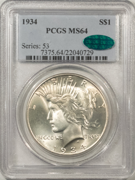 CAC Approved Coins 1934 $1 PEACE DOLLAR – PCGS MS-64, LOOKS GEM! PREMIUM QUALITY & CAC APPROVED!