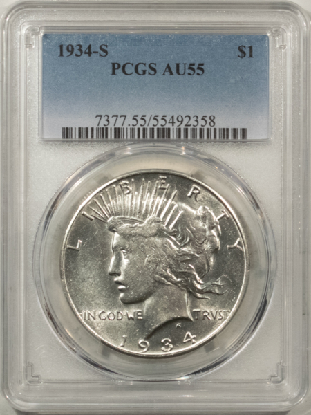 New Certified Coins 1934-S $1 PEACE DOLLAR – PCGS AU-55, BLAZING WHITE! KEY-DATE!