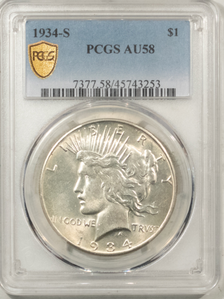 New Certified Coins 1934-S $1 PEACE DOLLAR – PCGS AU-58, LUSTROUS! KEY-DATE!
