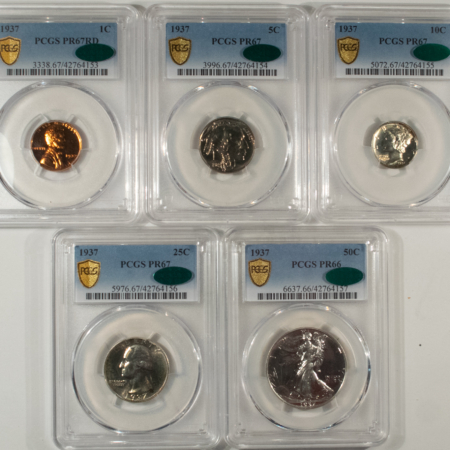 New Certified Coins INCREDIBLE MATCHED 1937 PROOF SET, PCGS PR67 RD/67/67/67/66 ALL CAC, SUPERB GEMS