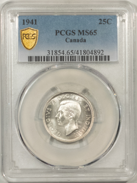 New Certified Coins CANADA 1941 GEORGE VI 25c, PCGS MS-65, A SNOW-WHITE BLAZER; GEM IN ALL REGARDS!