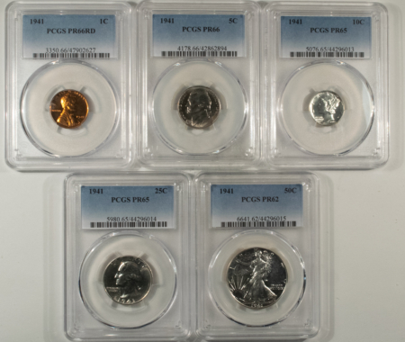 New Certified Coins 1941 PROOF SET, PCGS GRADED PR-66 RD, PR-66, PR-65 (10c), PR-65 (25c), PR-62