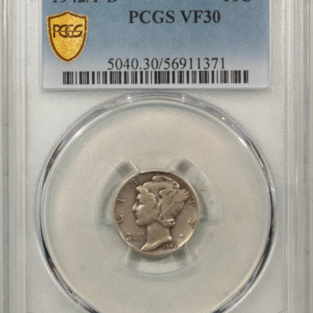 Mercury Dimes 1942/1-D MERCURY DIME – PCGS VF-30, NICE ORIGINAL KEY-DATE!