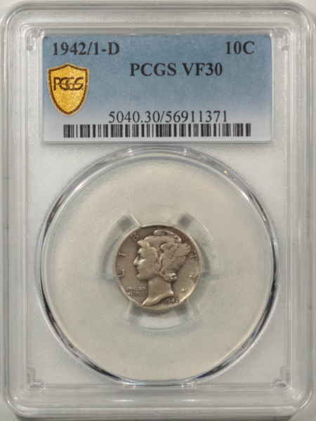 Mercury Dimes 1942/1-D MERCURY DIME – PCGS VF-30, NICE ORIGINAL KEY-DATE!