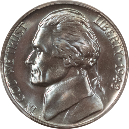 Jefferson Nickels 1942 PROOF JEFFERSON NICKEL TY I, PCGS PR-67, ICY BLUE, PREMIUM QUALITY, PRETTY!