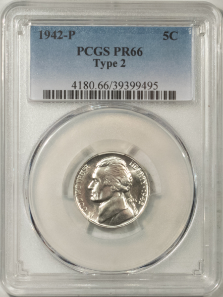Jefferson Nickels 1942-P PROOF JEFFERSON NICKEL TY II, PCGS PR-66, SILVER!