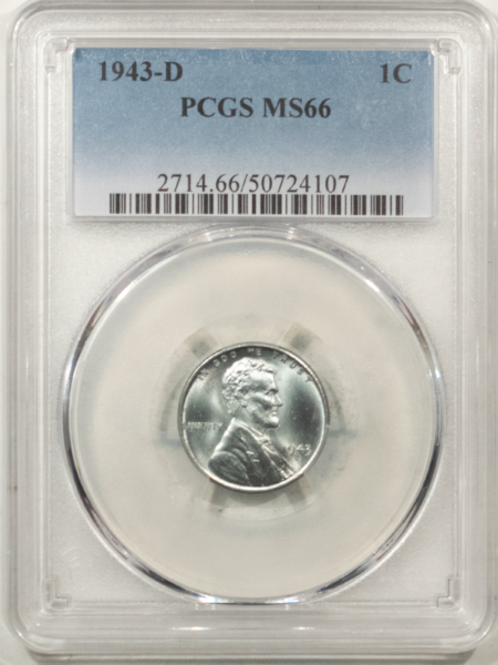 Lincoln Cents (Wheat) 1943-D LINCOLN STEEL CENT – PCGS MS-66, BLAZING!