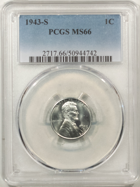 Lincoln Cents (Wheat) 1943-S LINCOLN STEEL CENT – PCGS MS-66, LUSTROUS!
