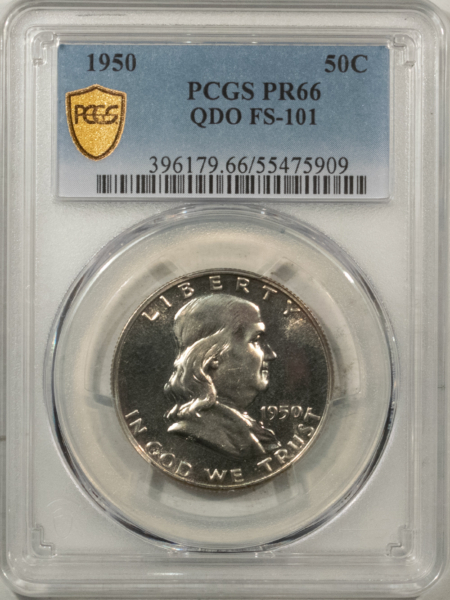 New Certified Coins 1950 PROOF FRANKLIN HALF DOLLAR, QUADRUPLE DIE OBVERSE FS-101 – PCGS PR-66 NEAT!