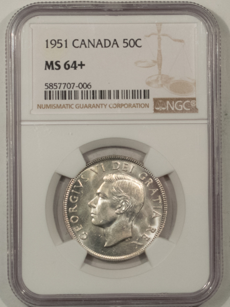 New Certified Coins CANADA 1951 FIFTY CENTS KM-45 – NGC MS-64+, REFLECTIVE & PREMIUM QUALITY!