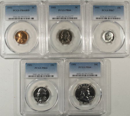 New Certified Coins 1951 5 COIN US SILVER PROOF SET PCGS PR-66 RD/66/67/66/66 GEM+ TOUGH MATCHED SET