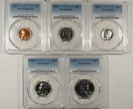 New Certified Coins 1952 5 COIN US SILVER PROOF SET – PCGS PR-66RD/67/67/66/66, GEM!